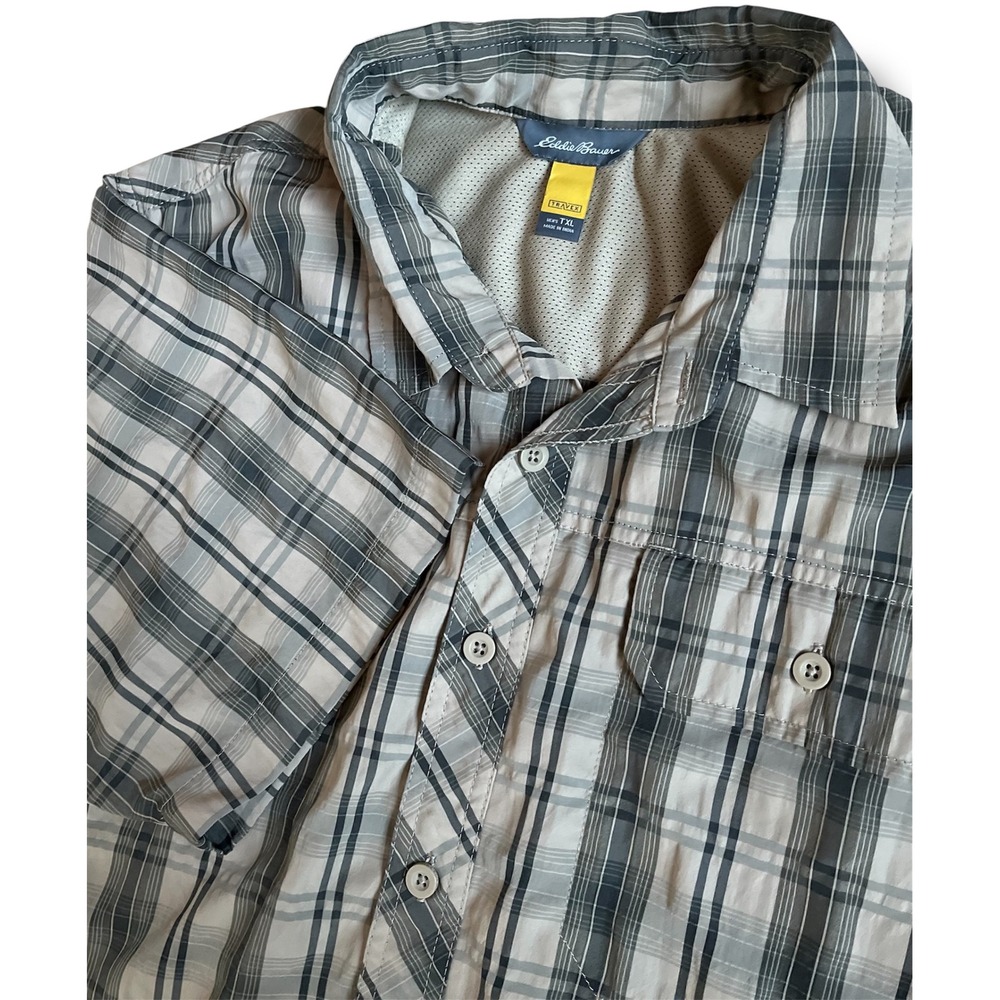 Eddie Bauer Travex‎ Mens TXL Tall Gray Plaid Short Sleeve Hiking Travel Shirt